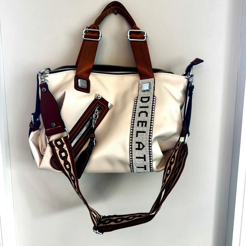 DiceLatti Cream Faux Leather Satchel with Rhinestone‎ Logo guitar Crossbody